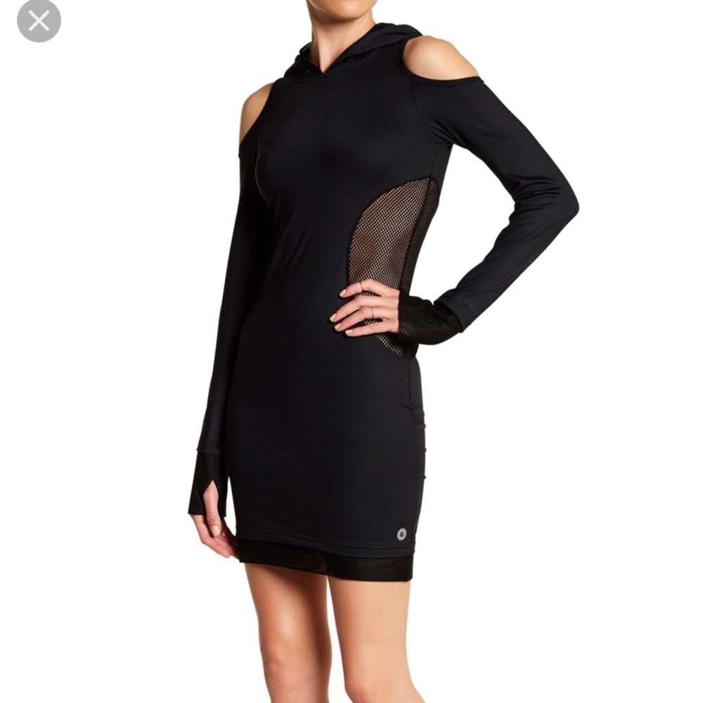 Prjon Cold Shoulder Cat Ear Hoodie Dress BLACK